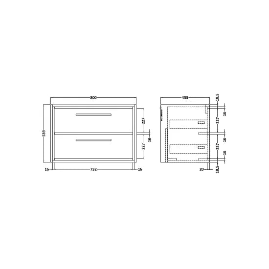 800mm Wall Hung 2-Drawer Unit & Worktop (Drawer Unit, Basin or Set)