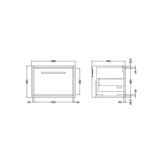 600mm Wall Hung Single Drawer Unit & Basin 1 Tap Hole (Drawer Unit, Basin or Set)