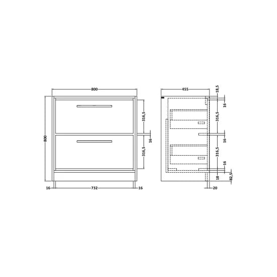 800mm Floor Standing 2-Drawer Unit & Basin 0 Tap Hole (Drawer Unit, Basin or Set)