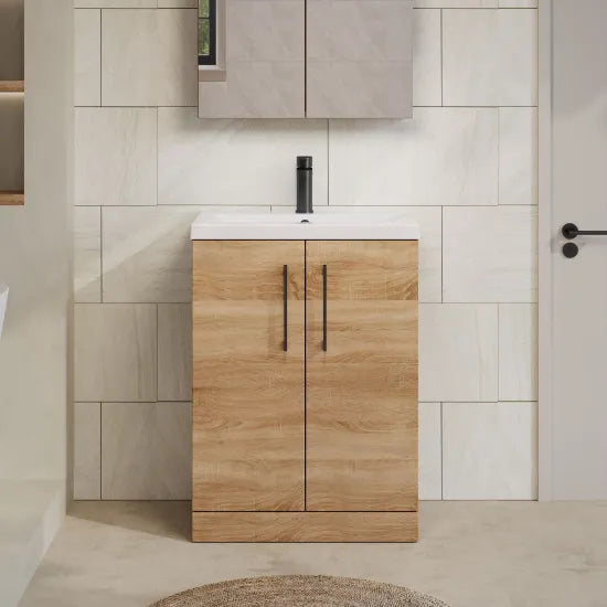 600mm Bleached Oak 2 Door Floor Standing Vanity Unit