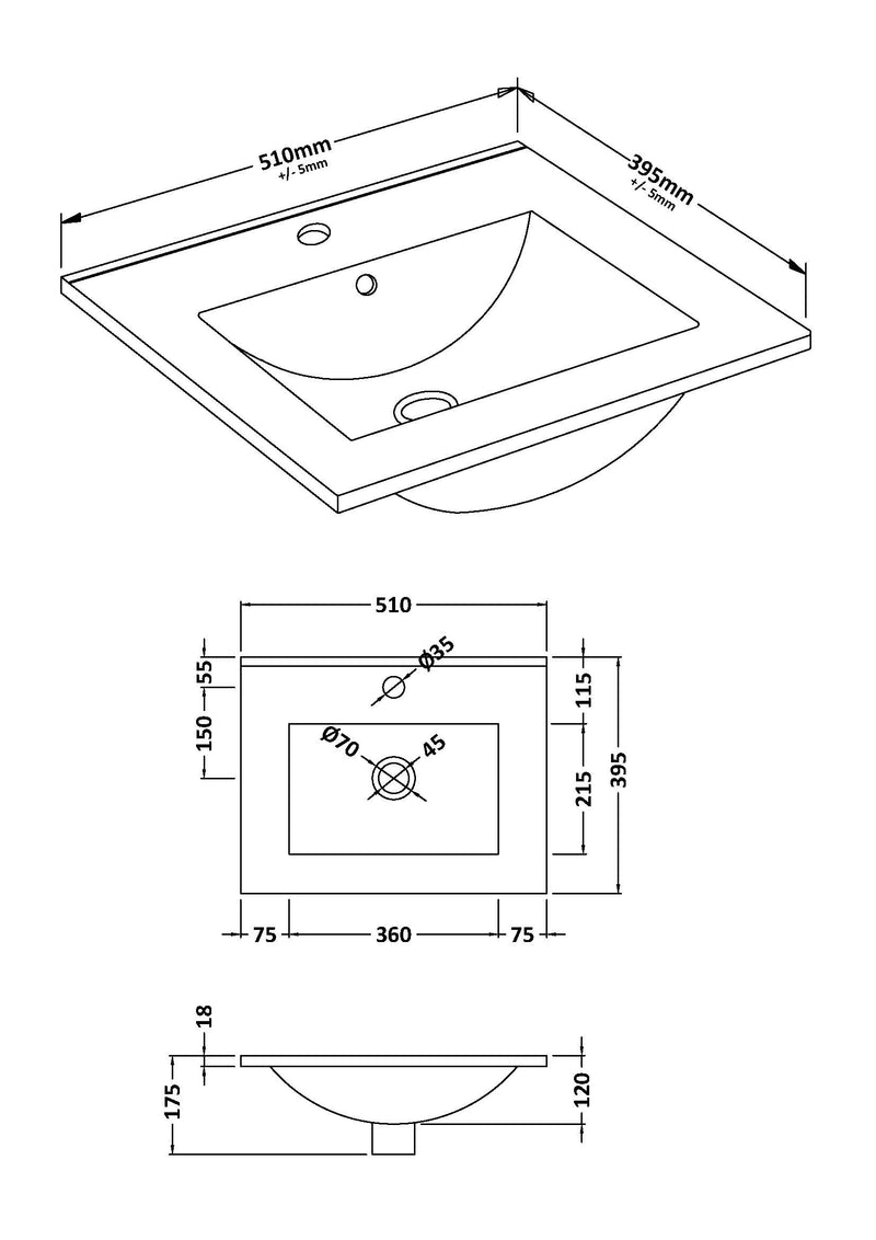 1 Tap Hole 500mm Minimalist Ceramic Basin