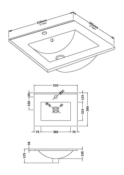 1 Tap Hole 500mm Minimalist Ceramic Basin