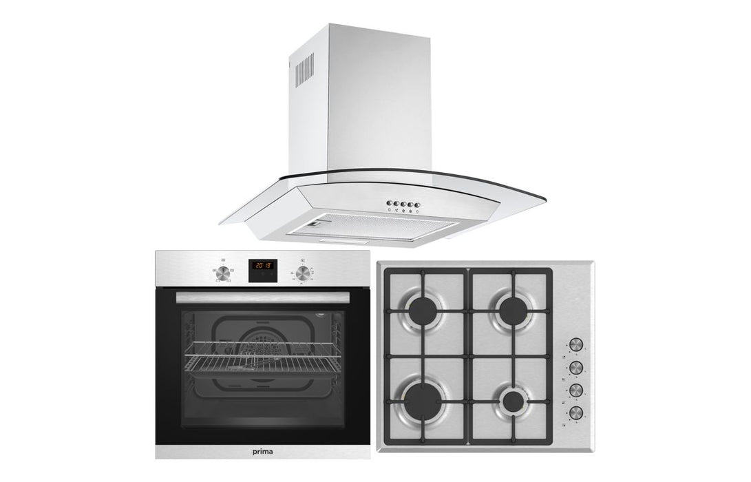 Prima Oven, Gas Hob & Curved Glass Chimney Hood Pack - St/Steel