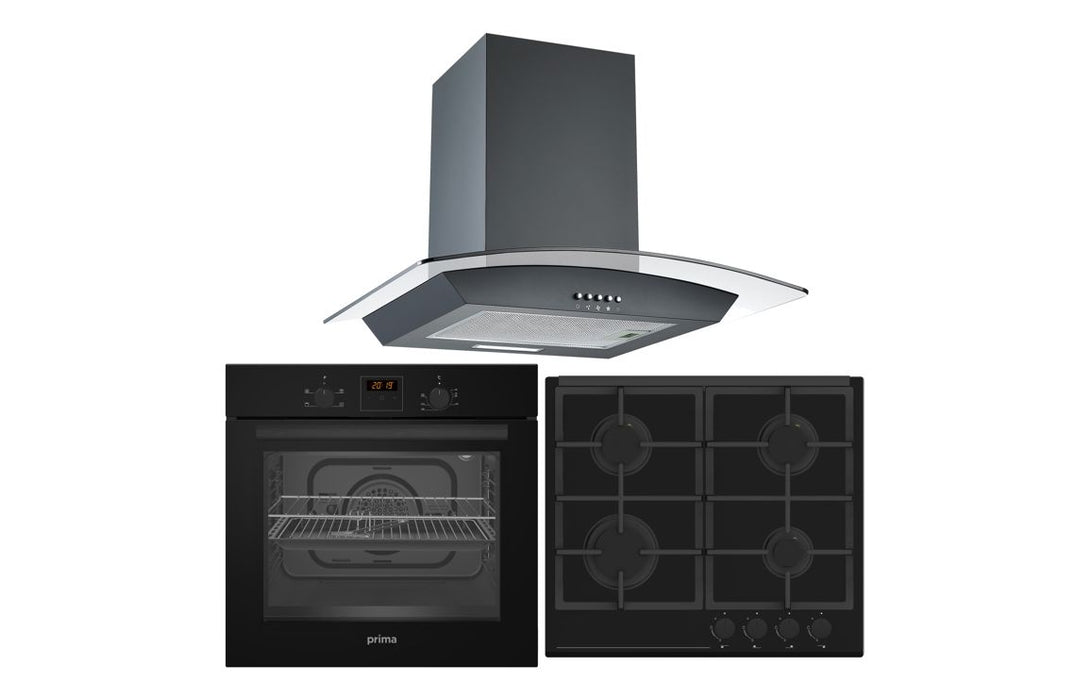 Prima Oven, Gas Hob & Curved Glass Chimney Hood Pack - Black