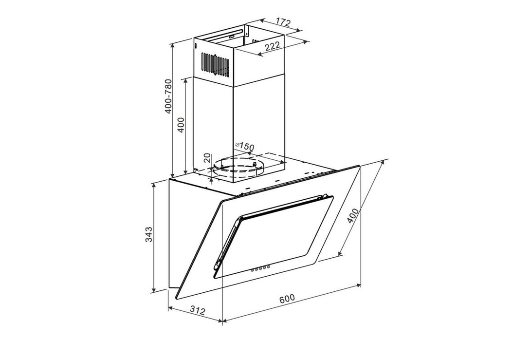 Prima PRAE0032 60cm Angled Chimney Hood - Black Glass