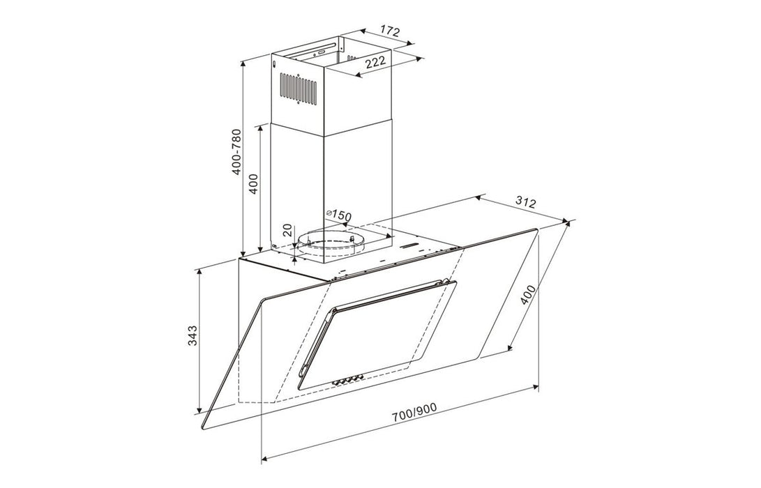 Prima PRAE0034 70cm Angled Chimney Hood - Black Glass