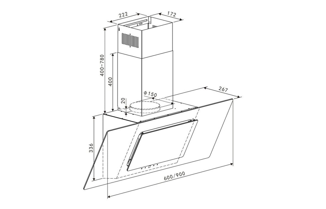 Prima PRAE0042 90cm Angled Chimney Hood - Black Glass