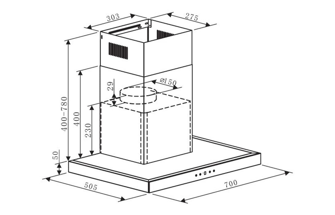 Prima PRCH034 70cm Box Chimney Hood - Black & St/Steel
