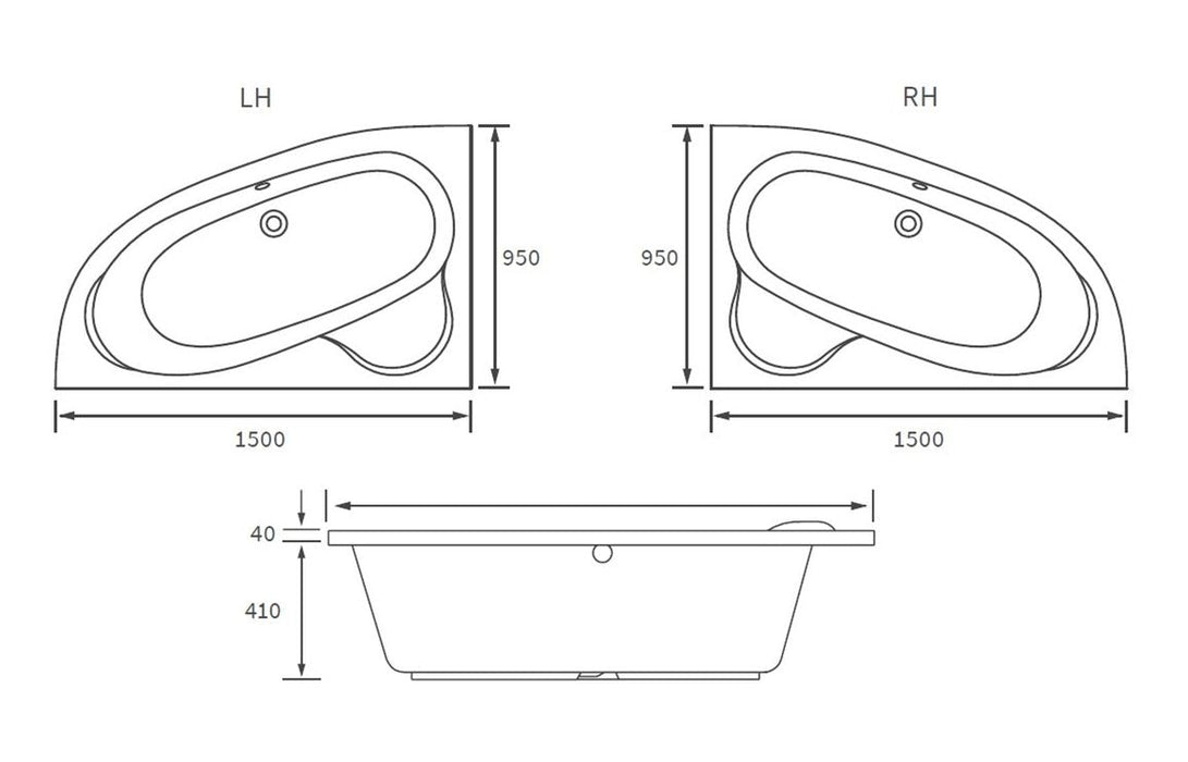 Paloma 1500x950x600mm 0TH Offset Corner Bath w/Legs