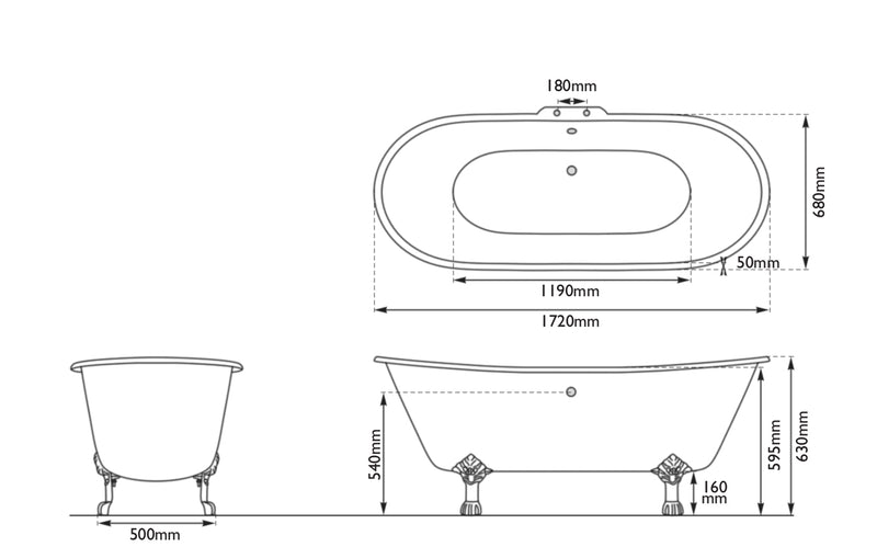 Hurlingham Prior Freestanding Cast Iron Bath 1720 x 680mm