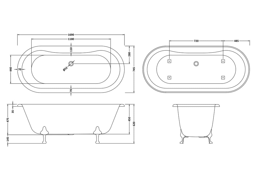 Old London Kingsbury 1700mm Double Ended Freestanding Bath