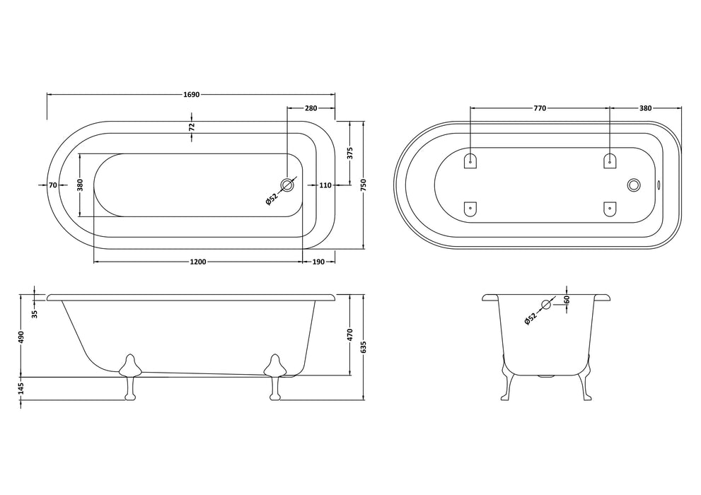 Old London Barnsbury 1700mm Single Ended Freestanding Bath