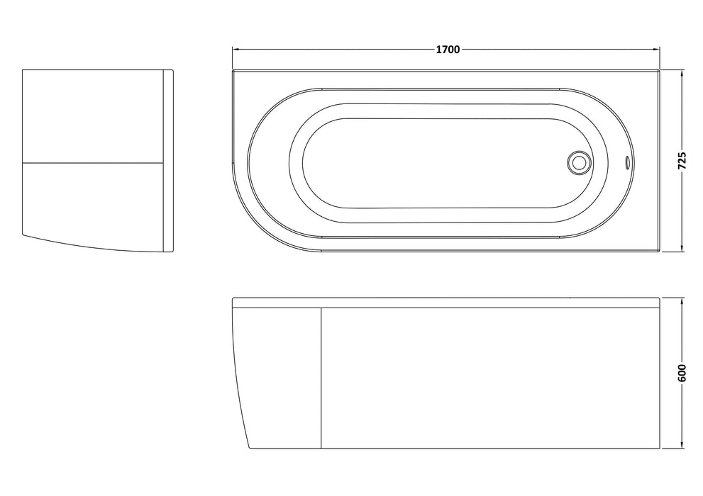 Right Hand Back to Wall Corner Bath Line Drawing
