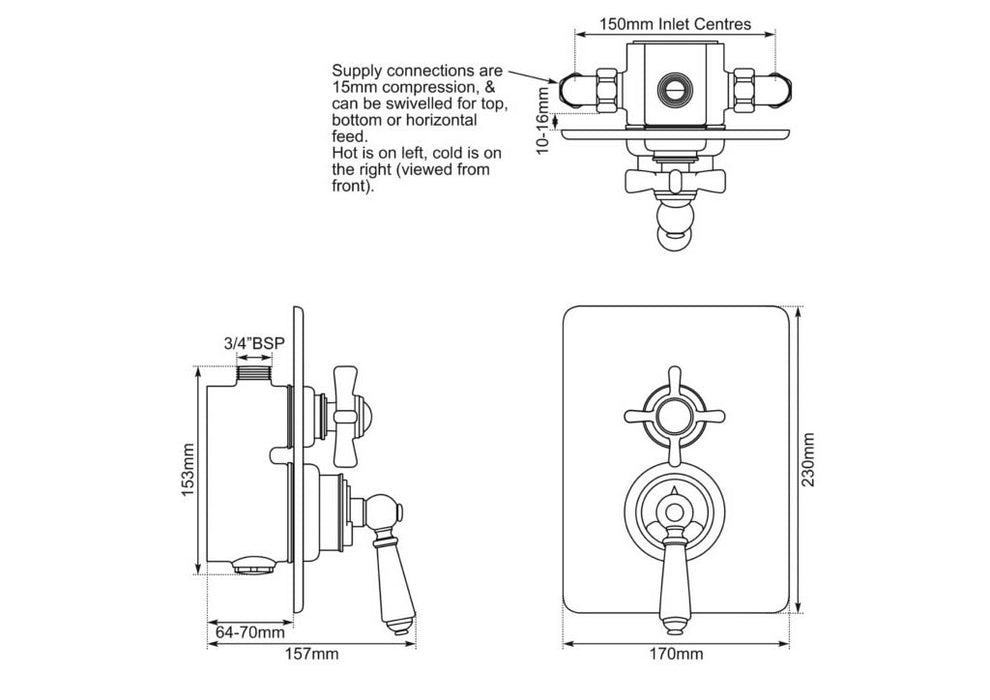 Hurlingham Dual Control Thermostatic Concealed Shower Valve, 1 Outlet