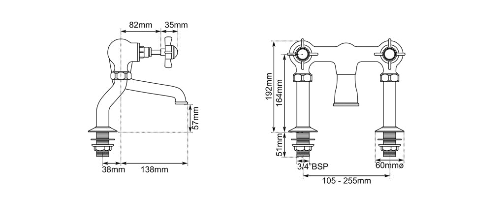 Hurlingham Crosshead Deck-Mounted Bath Filler Taps - 105-255x192mm