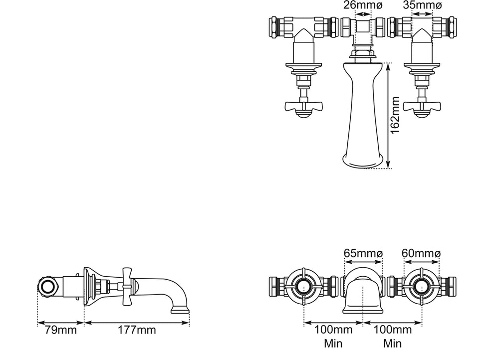 Hurlingham Crosshead 3-Hole Wall-Mounted Bath Filler Tap 200x177x65mm