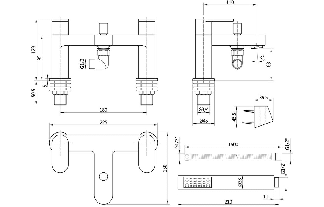 Savino Bath/Shower Mixer & Bracket - Chrome