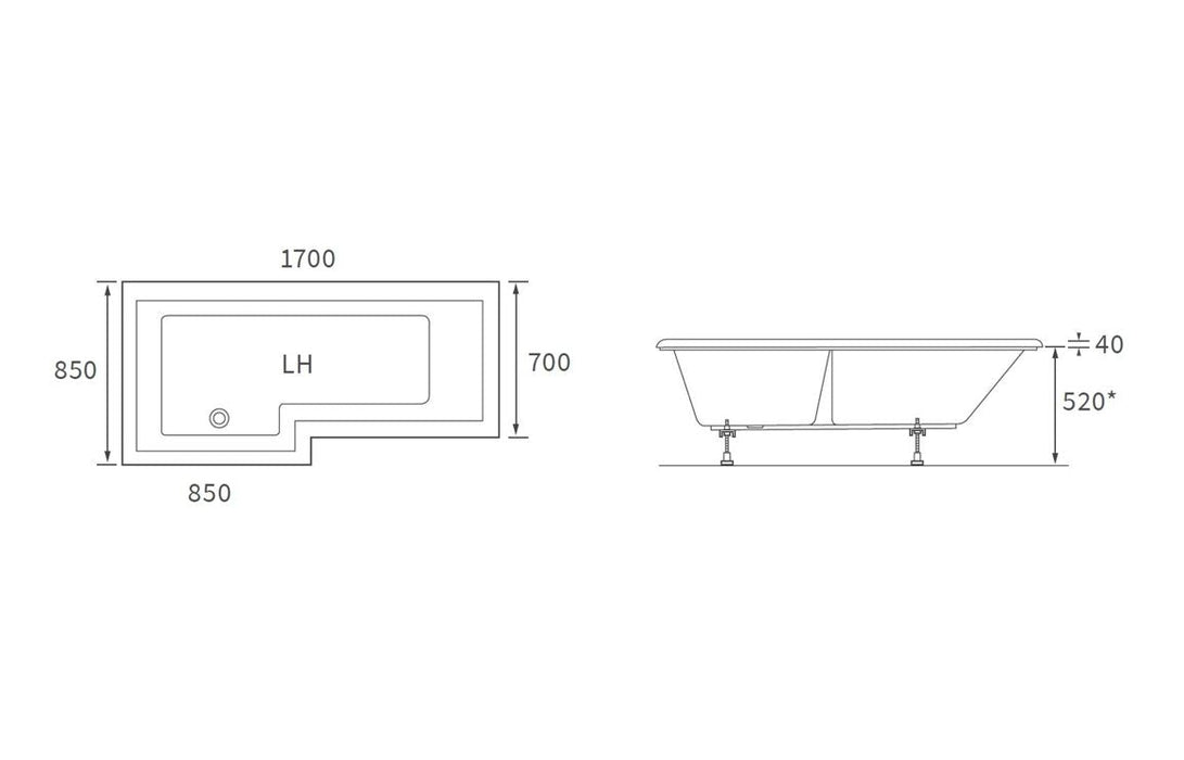 Seville L Shape 1700x850x560mm 0TH Shower Bath Pack - Matt Black