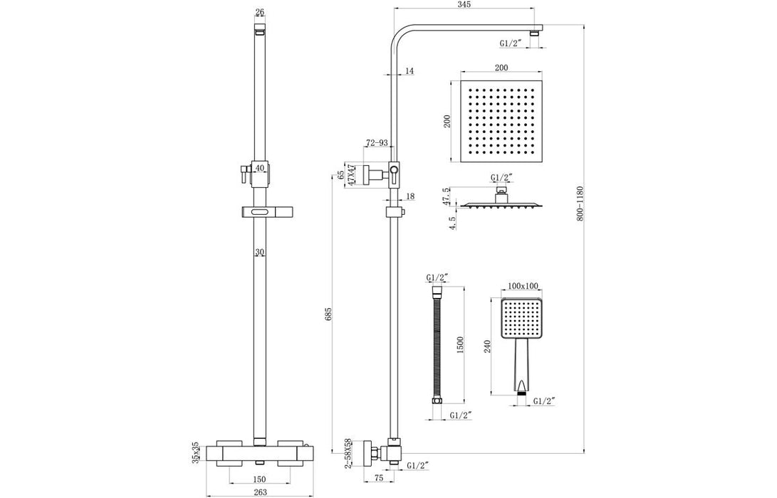 Square Thermostatic Bar Mixer w/Riser Kit