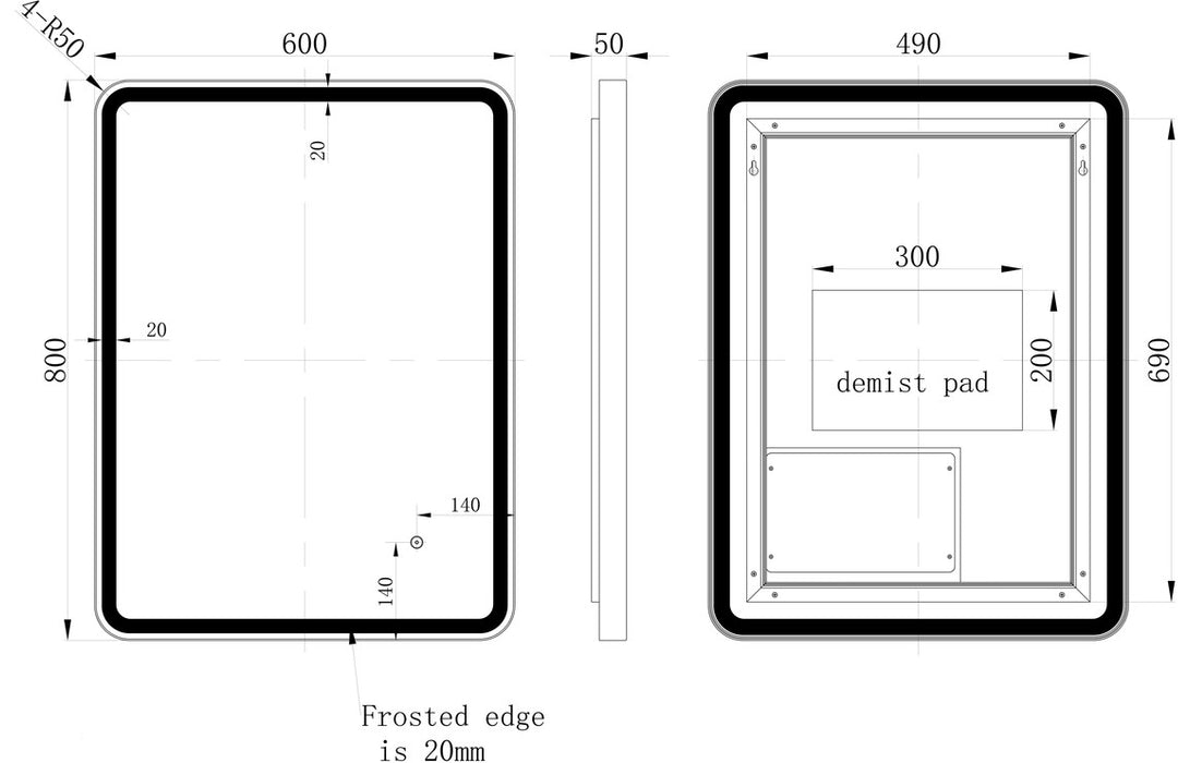 Taro 600mm Rectangle Front-Lit LED Mirror