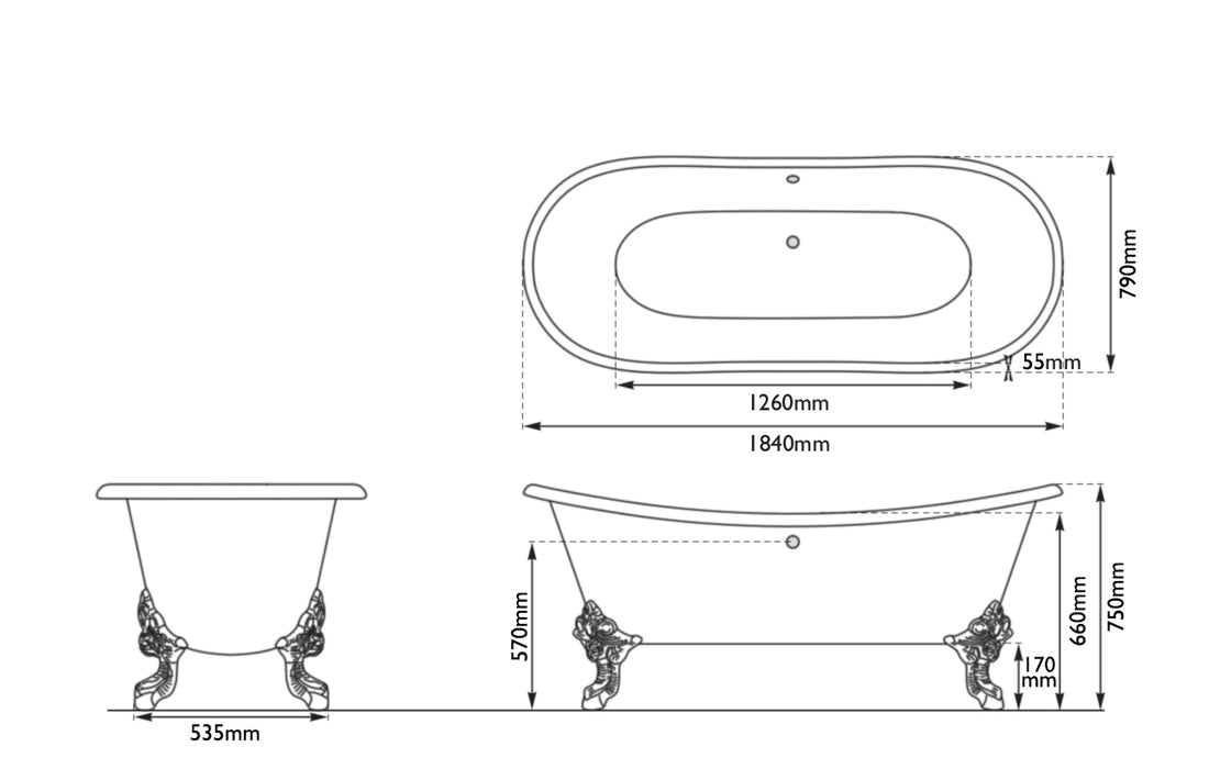 Hurlingham Tebb Freestanding Cast Iron Bath 1840 x 790mm