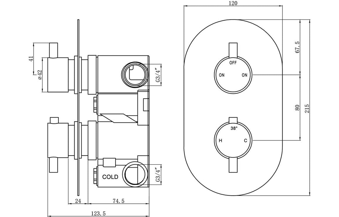 Two Outlet Shower Valve - Brushed Brass