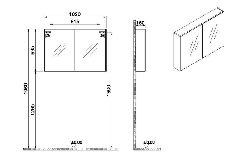 VitrA 1020x695mm Mirrored Cabinet - Brushed Chrome