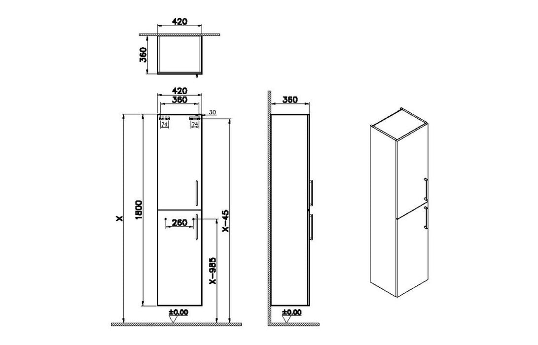 VitrA Root Flat 40cm 2 Door Tall Unit (LH Hinge) - Shiny Pearl Grey