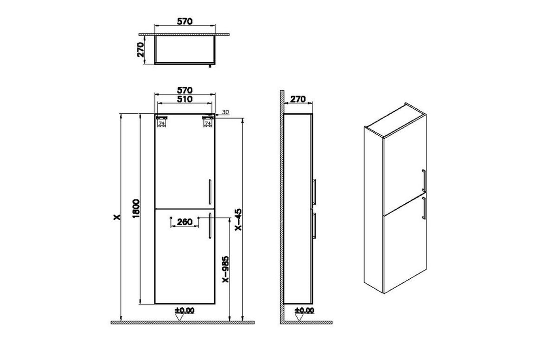 VitrA Root Flat 55cm 2 Door Slim Tall Unit (LH Hinge) - High Gloss White