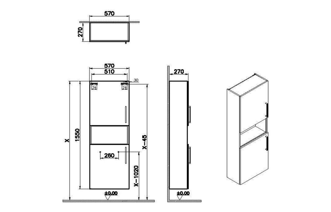 VitrA Root Flat 55cm 2 Door Semi-Tall Unit (LH Hinge) - Matt Rock Grey