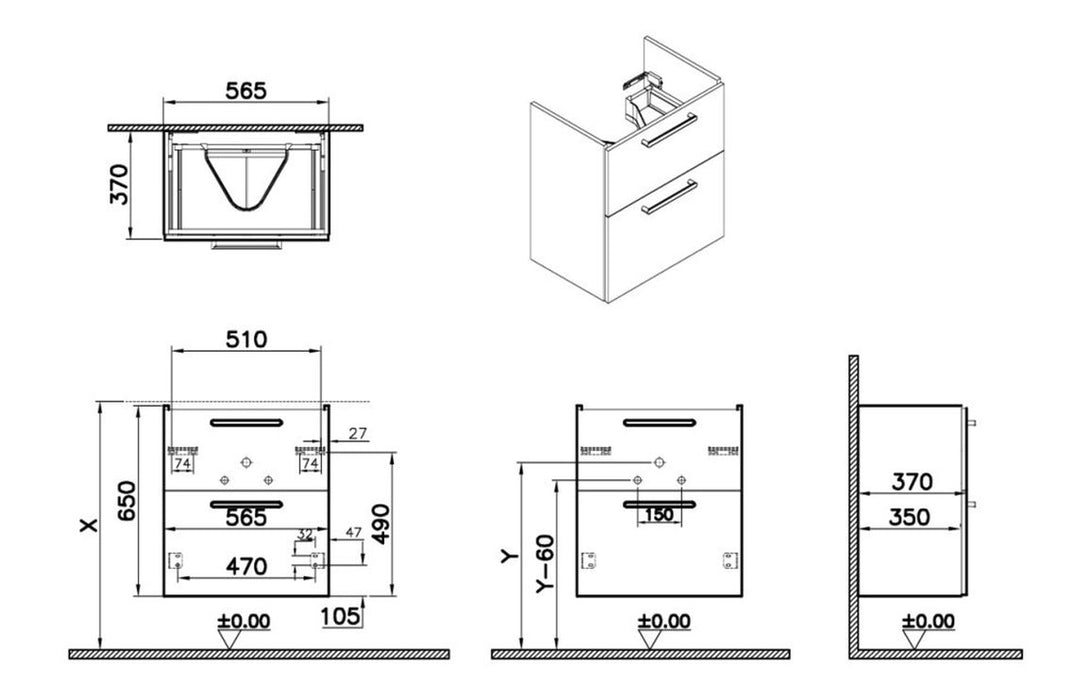 VitrA Root Flat 60cm 2 Drawer Slim Washbasin Unit - Shiny Pearl Grey