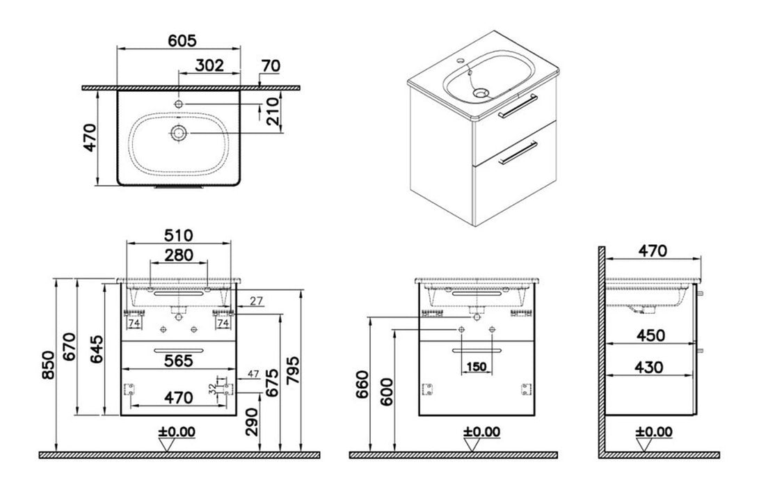 VitrA Zentrum 60cm 2 Drawer W/H Washbasin Unit - High Gloss White