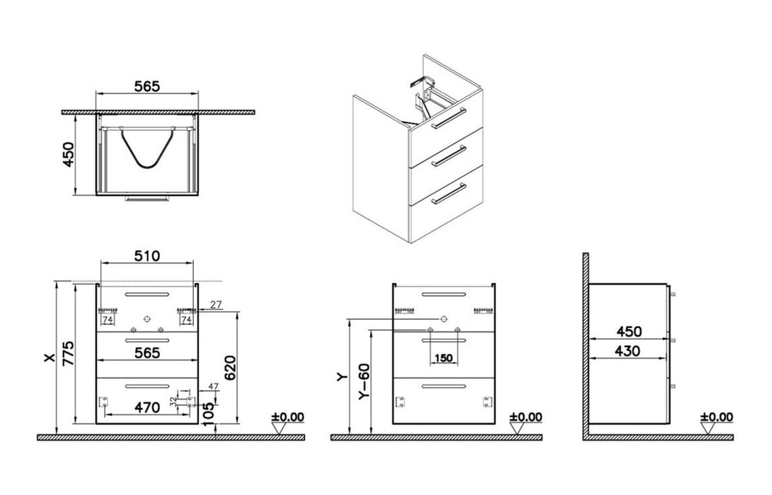 VitrA Root Flat 60cm 3 Drawer Washbasin Unit - High Gloss White