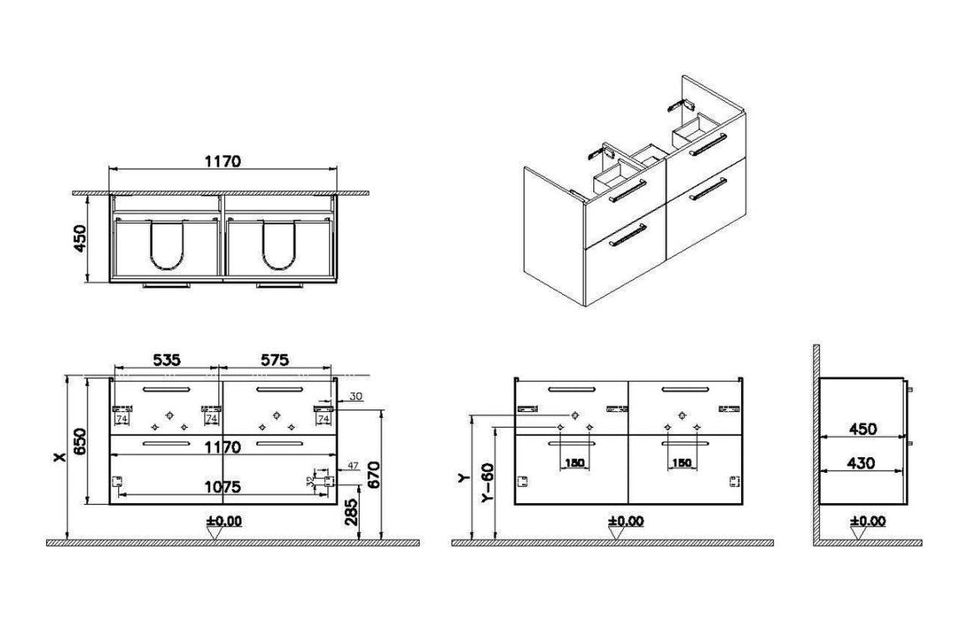 VitrA Root Flat 120cm 4 Drawer Washbasin Unit - High Gloss White