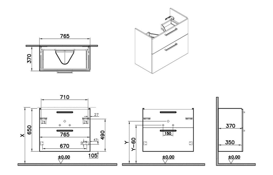 VitrA Root Flat 80cm 2 Drawer Slim Washbasin Unit - Cordoba