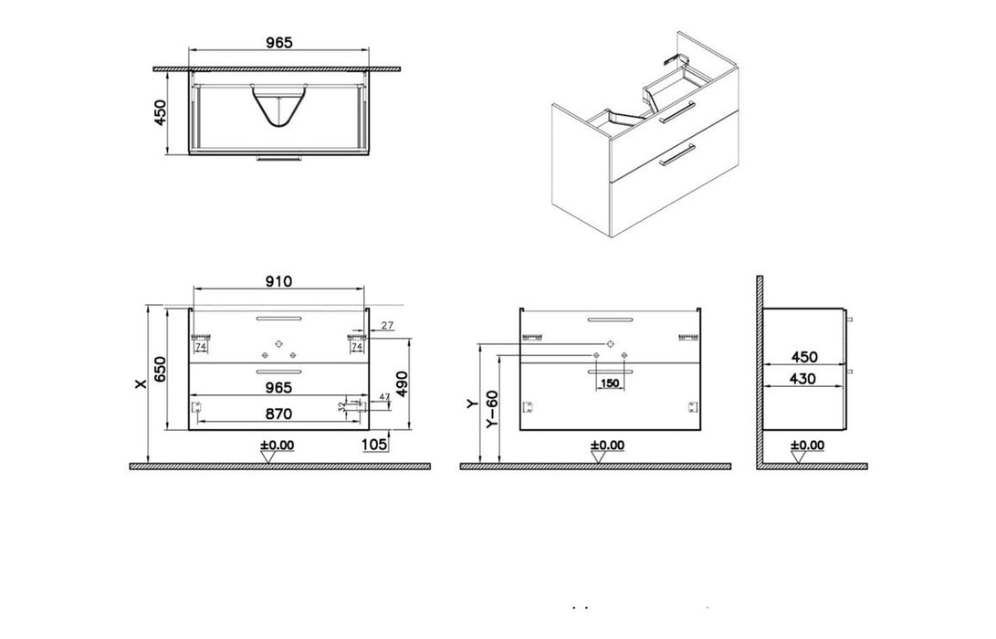 VitrA Root Flat 100cm 2 Drawer Washbasin Unit - Cordoba
