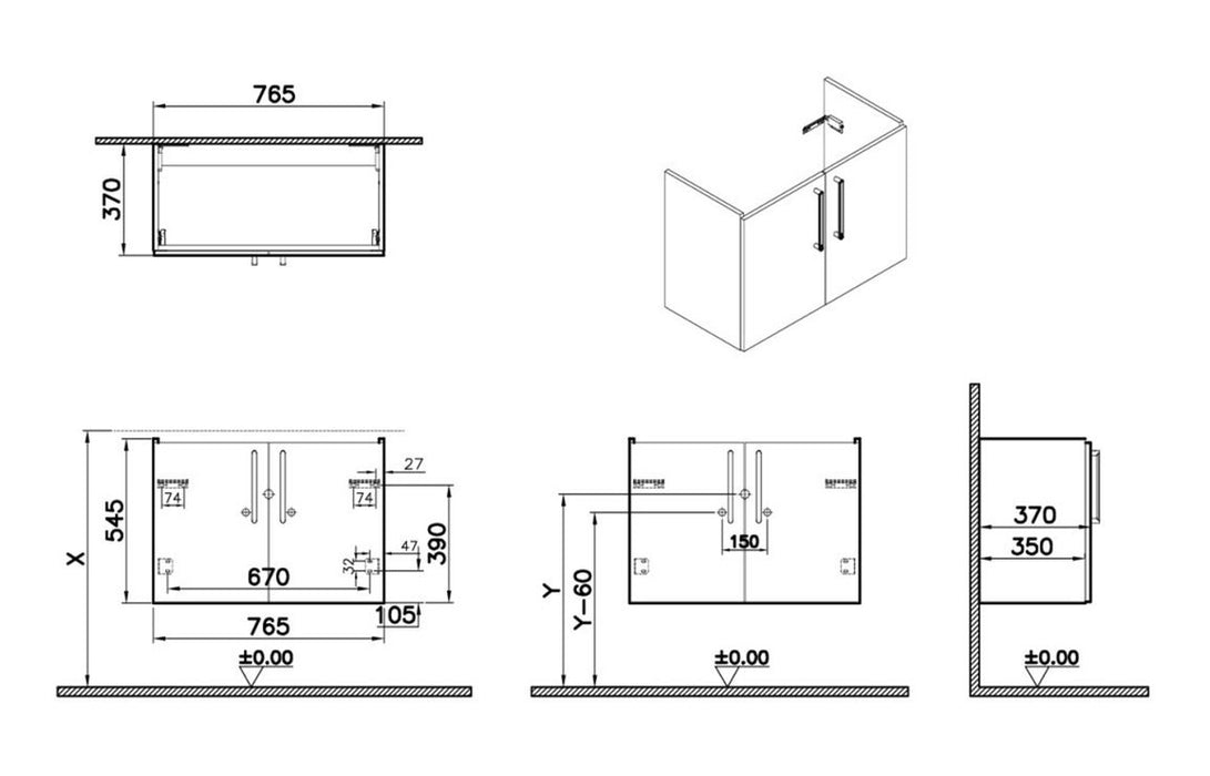 VitrA Root Flat 80cm 2 Door Wall Hung Slim Washbasin Unit - Bright Sahara Beige