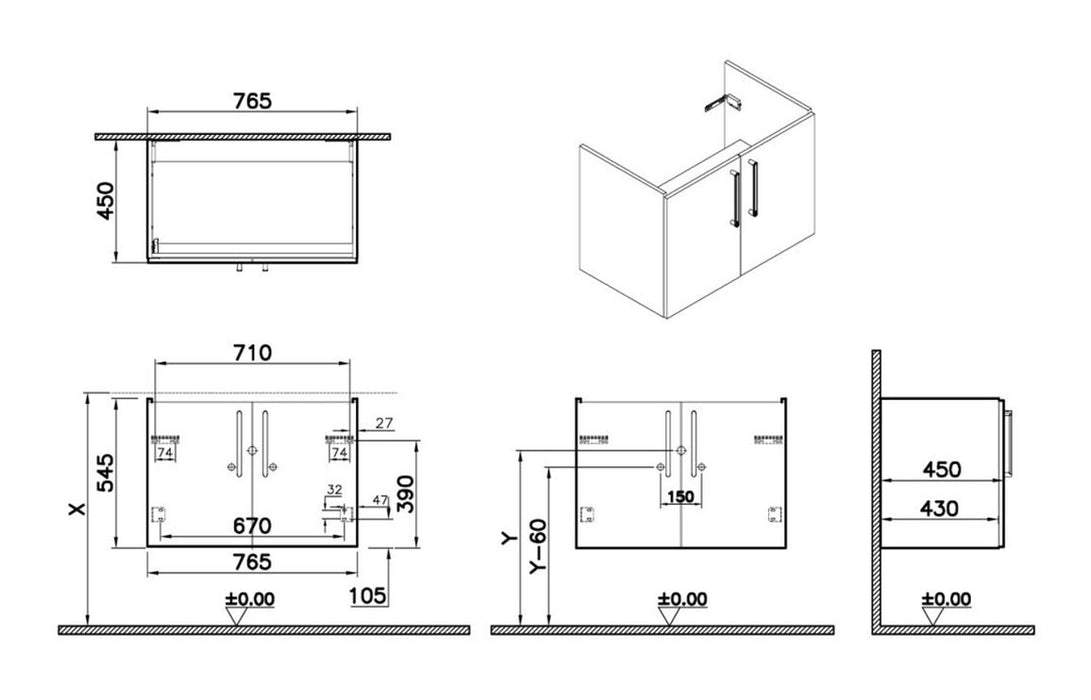 VitrA Root Flat 80cm 2 Door Wall Hung Washbasin Unit - Cordoba