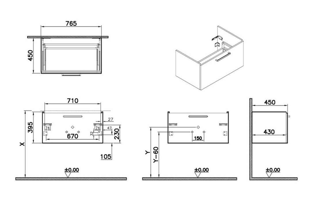 VitrA Root Flat 80cm 1 Drawer Washbasin Unit - Cordoba