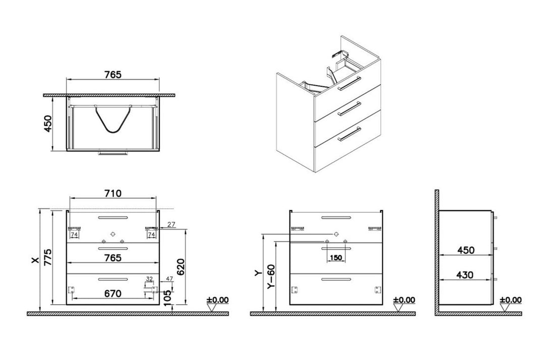 VitrA Root Flat 80cm 3 Drawer Washbasin Unit - Cordoba