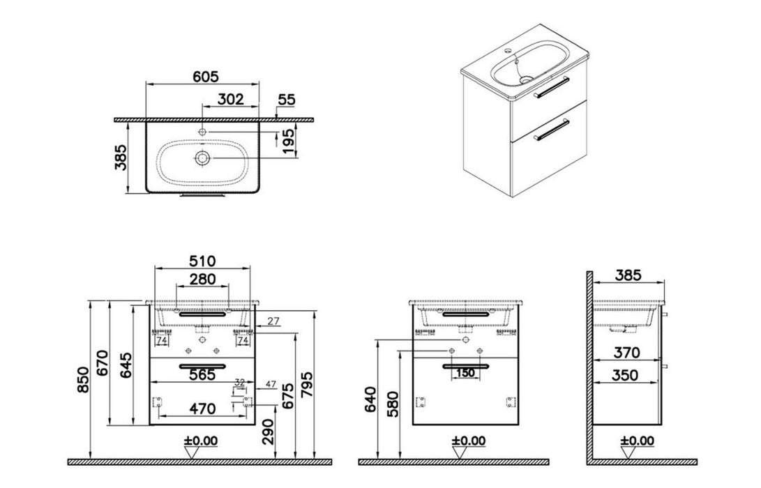 VitrA Zentrum Compact 60cm 2 Drawer W/H Washbasin Unit - Matt Storm Grey