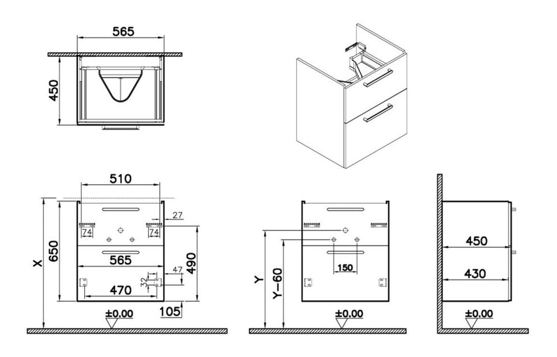 VitrA Root Flat 60cm 2 Drawer Washbasin Unit - Cordoba