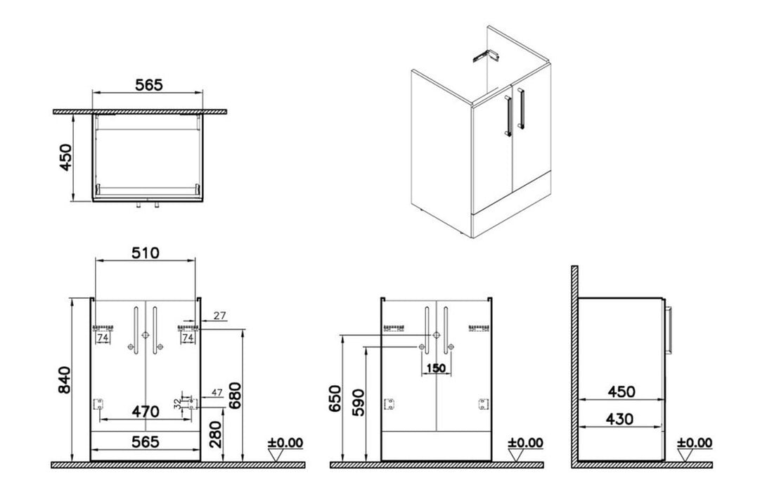 VitrA Root Flat 60cm 2 Door Floor Standing Washbasin Unit - Walnut