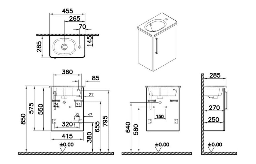 VitrA Zentrum Compact 45cm 1 Door W/H Washbasin Unit (RH Hinge) - High Gloss White