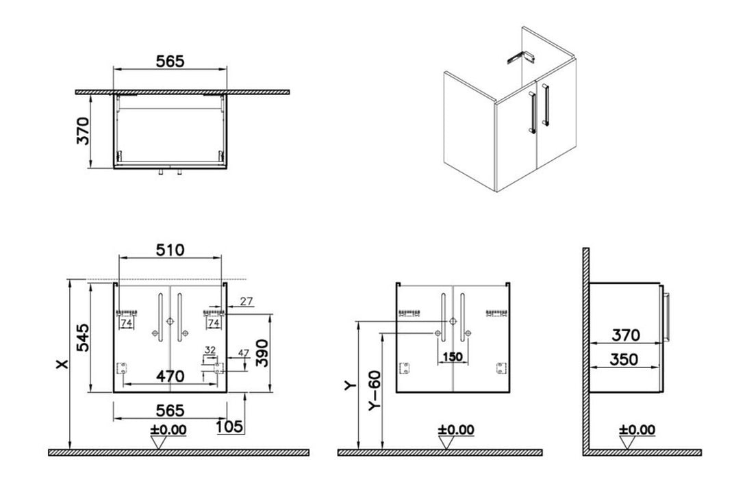 VitrA Root Flat 60cm 2 Door Wall Hung Slim Washbasin Unit - Walnut