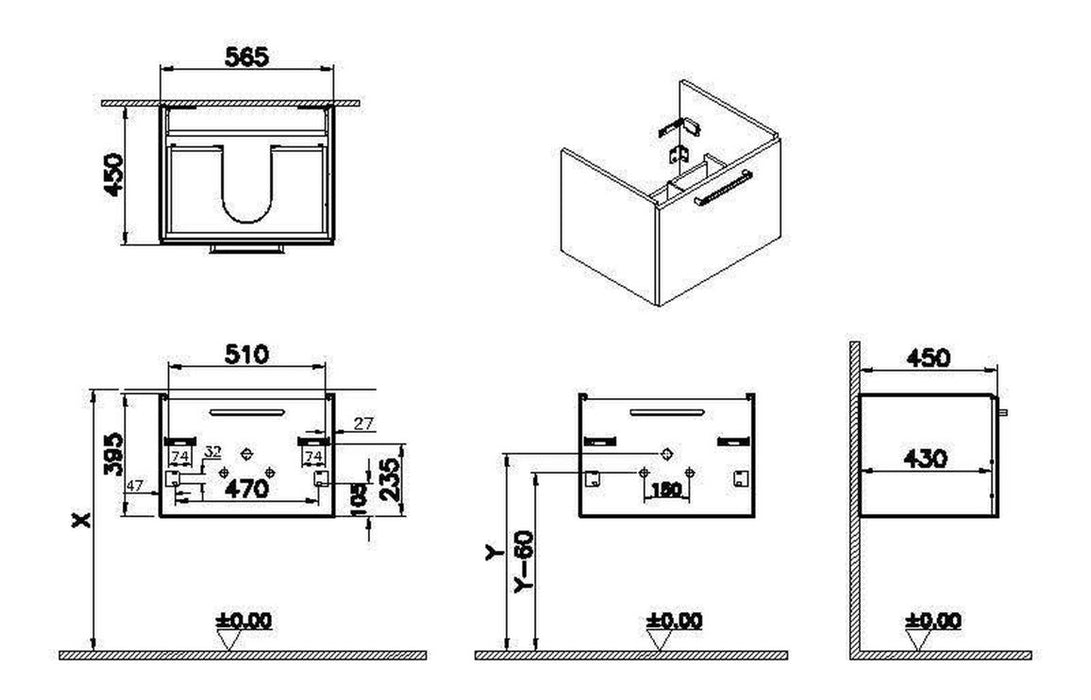 VitrA Root Flat 60cm 1 Drawer Washbasin Unit - Cordoba