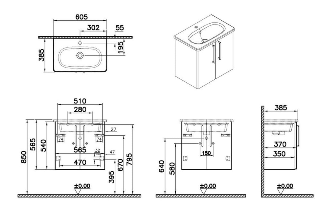 VitrA Zentrum Compact 60cm 2 Door W/H Washbasin Unit - High Gloss White