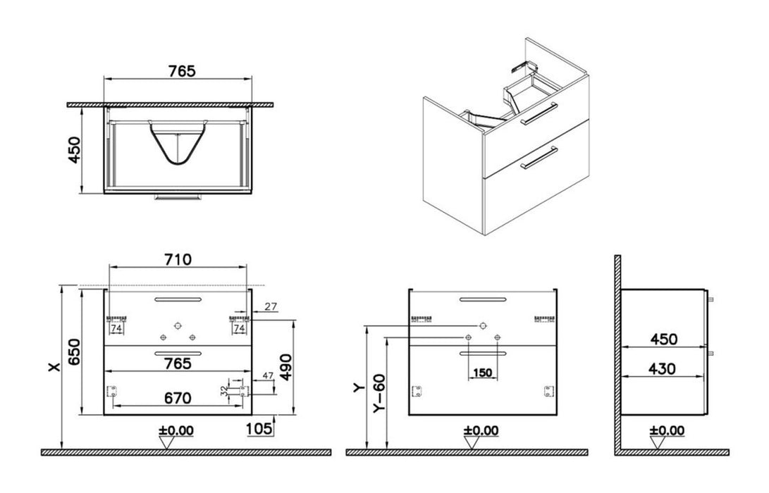 VitrA Root Flat 80cm 2 Drawer Washbasin Unit - Cordoba