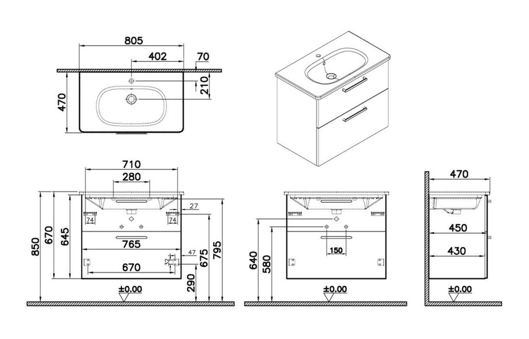 VitrA Zentrum 80cm 2 Drawer W/H Washbasin Unit - Matt Storm Grey