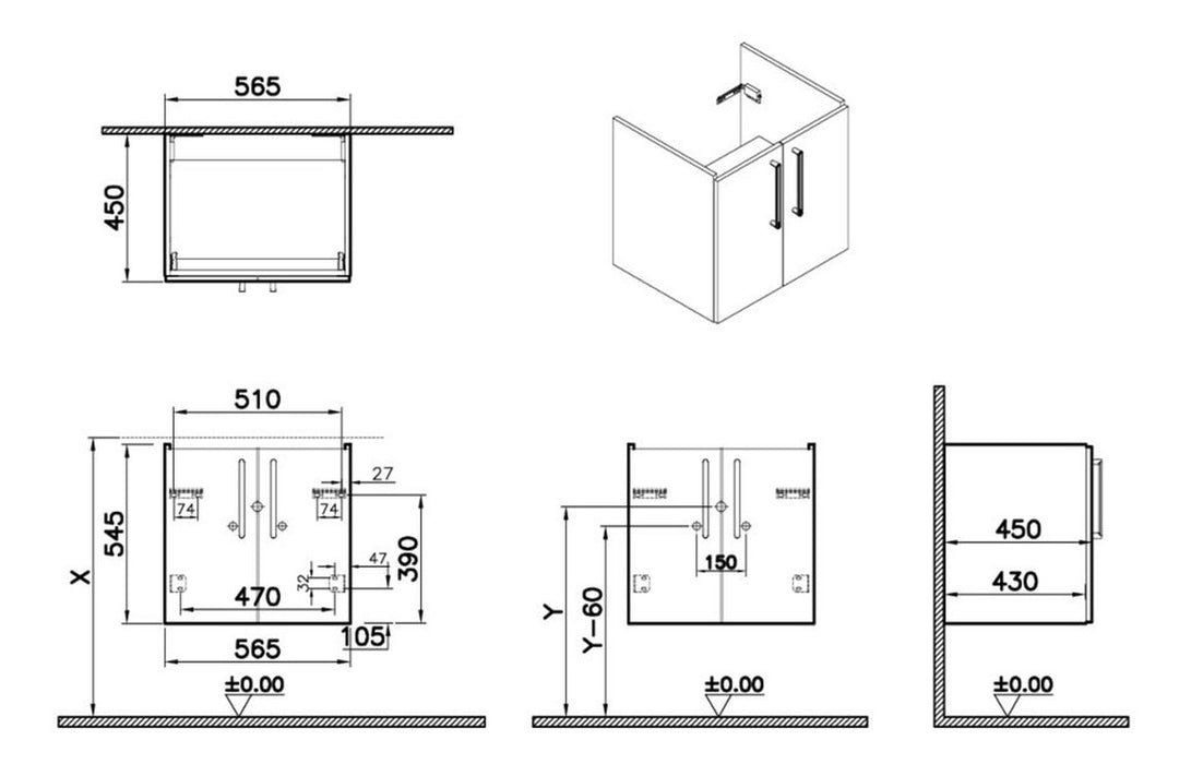 VitrA Root Flat 60cm 2 Door Wall Hung Washbasin Unit - Walnut
